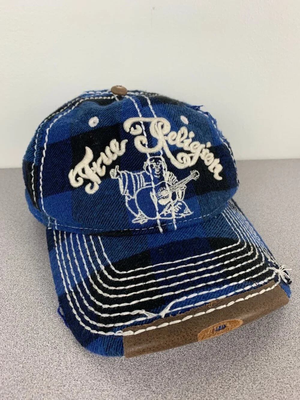 True Religion Distressed Blue Plaid Hat